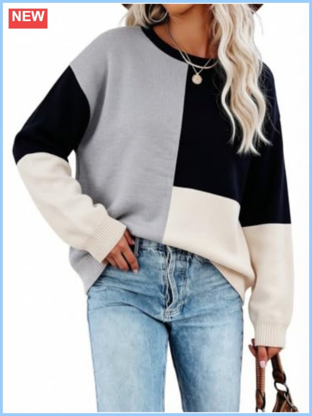 Women's Color Block Knit Pullover Sweater Crew Neck Long Sleeve Loose Fit Casual